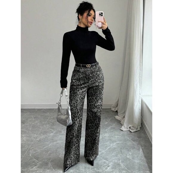 high rise leopard print wide leg pants denim jeans black brown dark - Picture 3 of 7